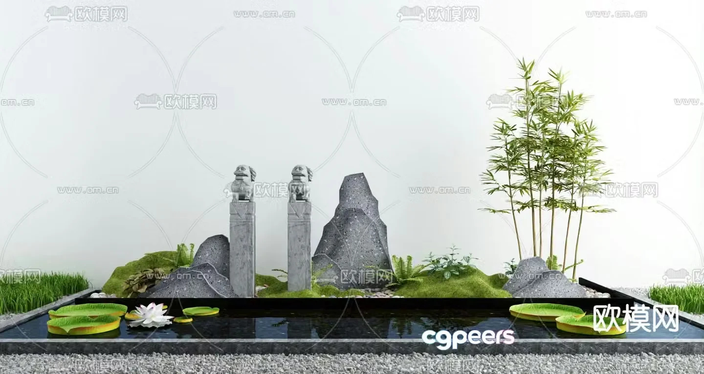 Rockery sketch moss landscaping lotus pond 3D model