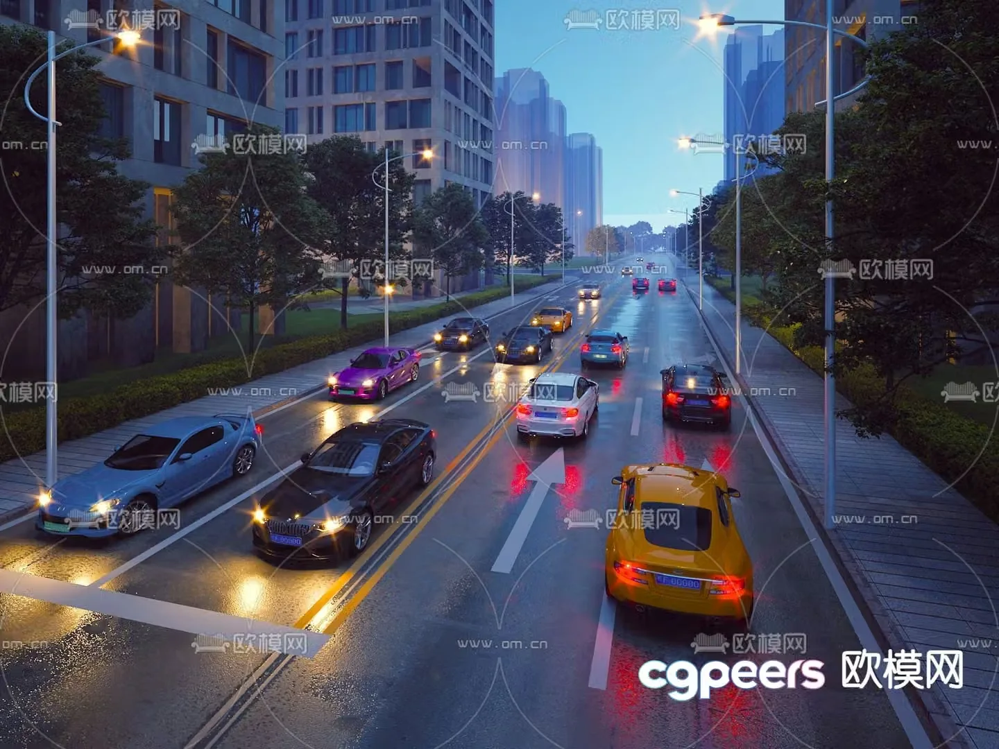 Night scene city road road facilities 3d model