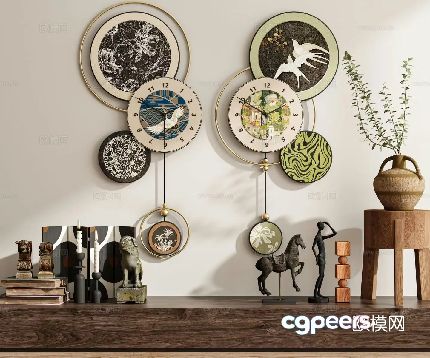 Medieval style clocks paintings wall clocks furnishings 3D model