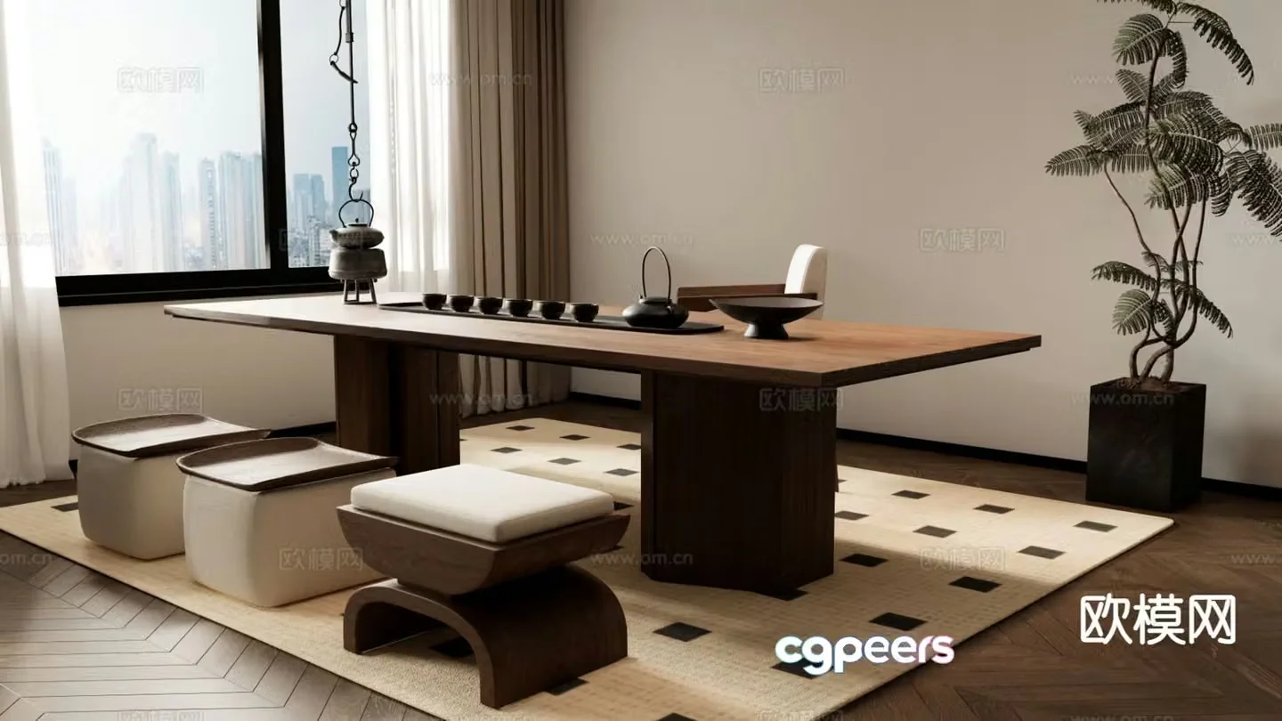 New Chinese style tea table and chairs wooden table 3d model