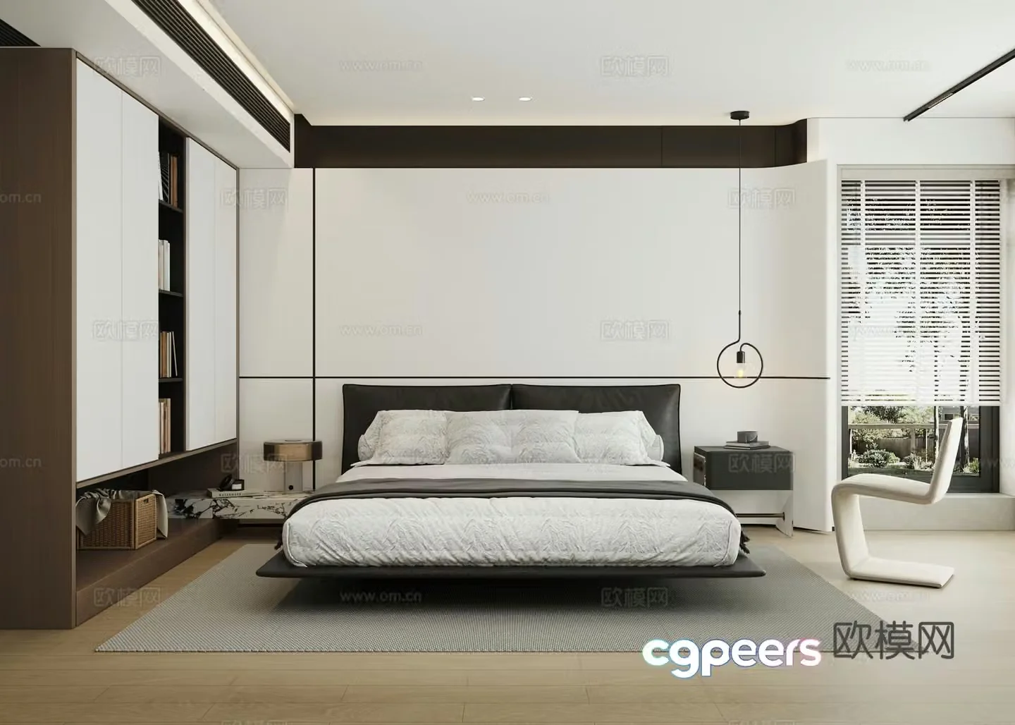 Modern black and white minimalist bedroom bay window bedroom master bedroom 3d model