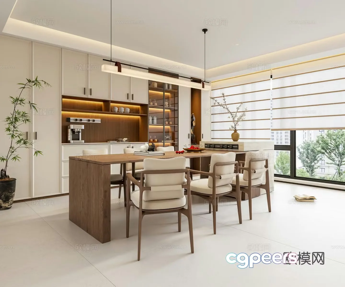 Zen New Chinese Home Restaurant Song-style Aesthetic Restaurant Island Dining Table and Chair Combination Restaurant Chandelier 3D Model