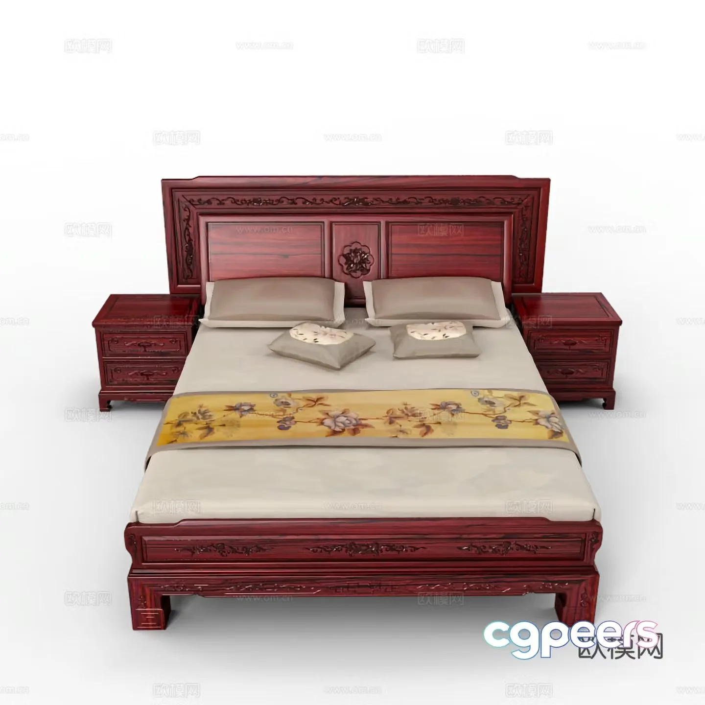 Chinese double bed bed nightstand carved cabinet door bedside bed body solid wood mahogany 3D model