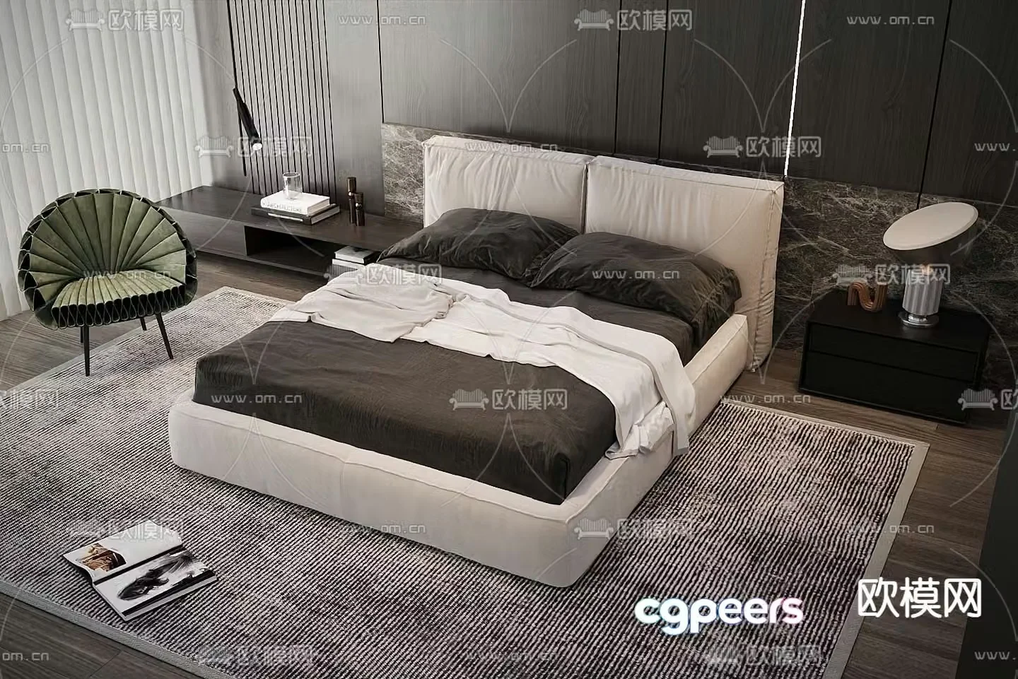Modern double bed fabric bed 3d model