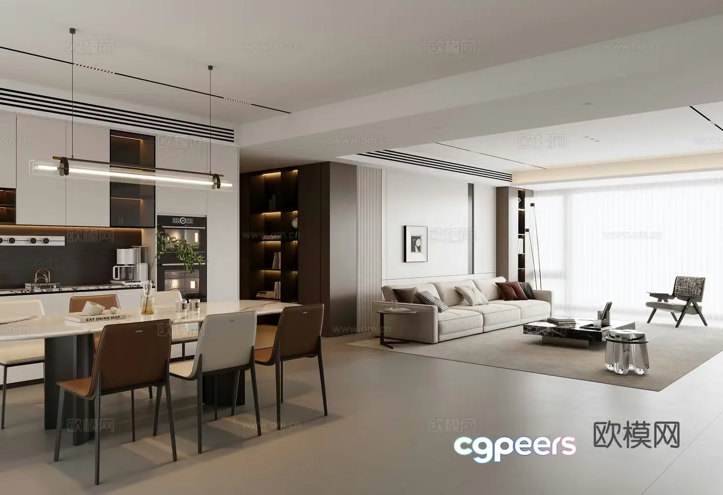 Modern living and dining room 3d model