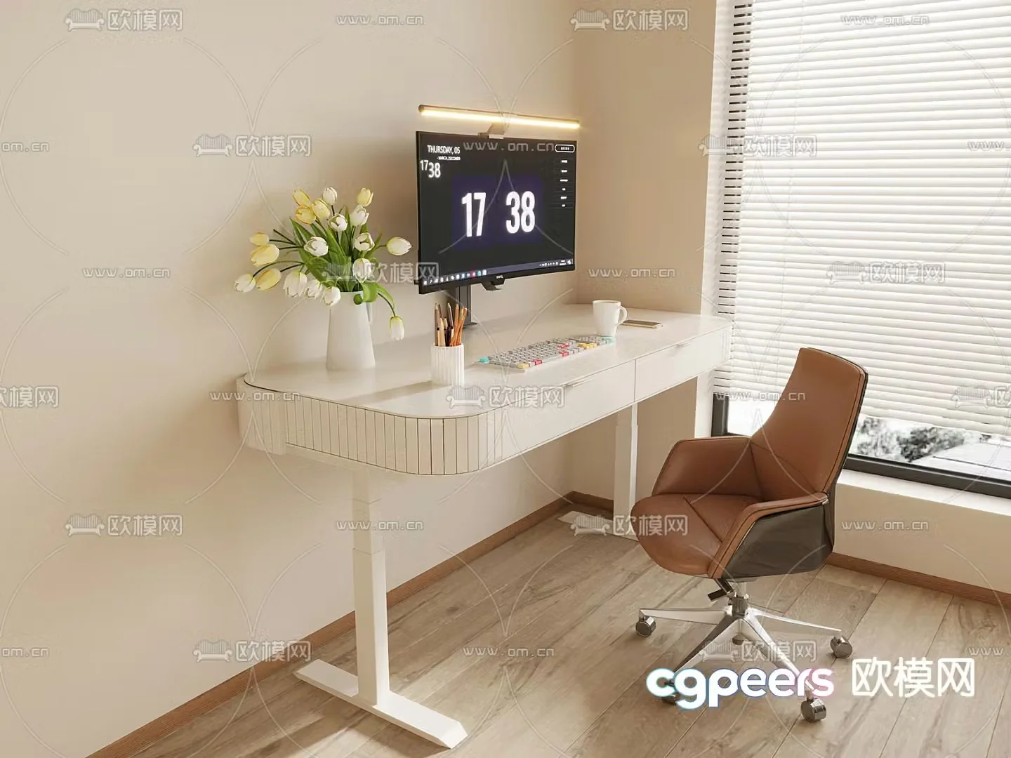 Cream style desk chair computer desk 3d model