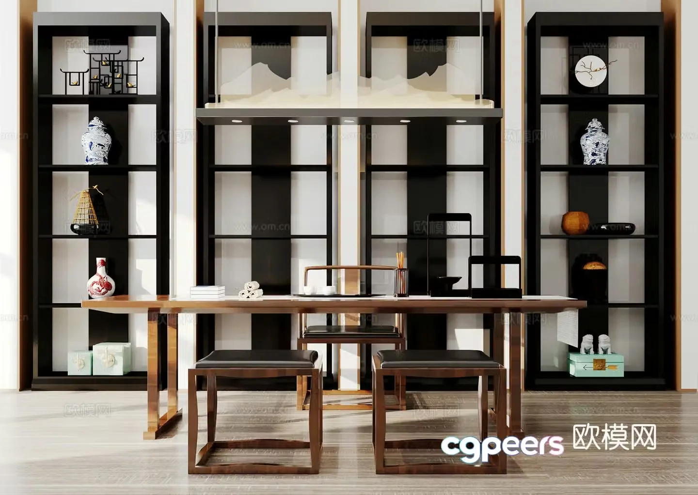 New Chinese style solid wood desk single chair bookcase chandelier ornament bookcase 3d model