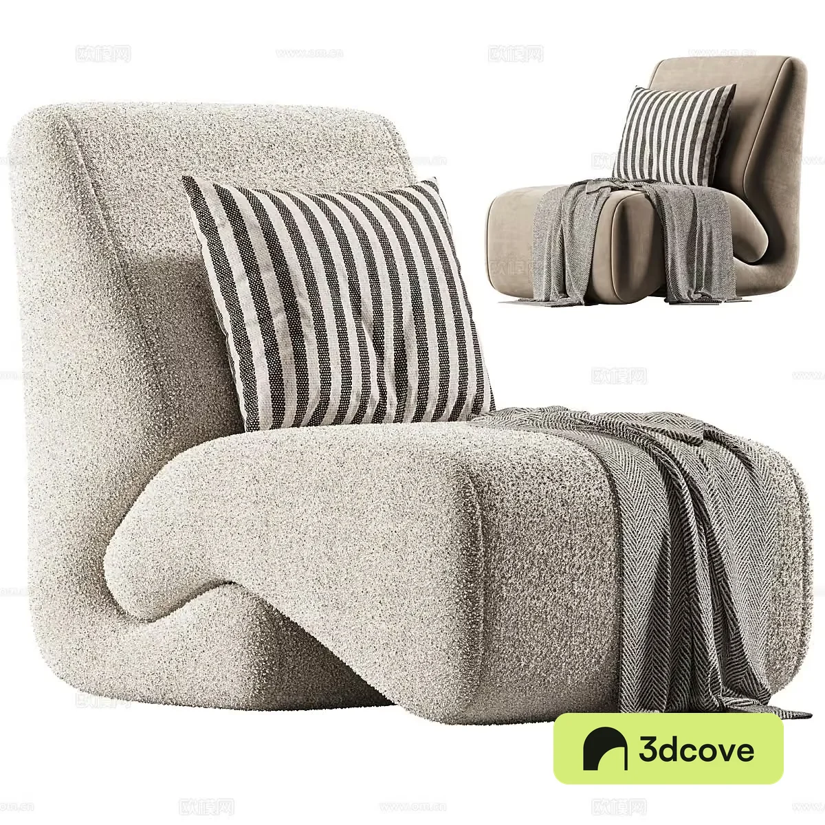A Beige Chair With A Striped Pillow
