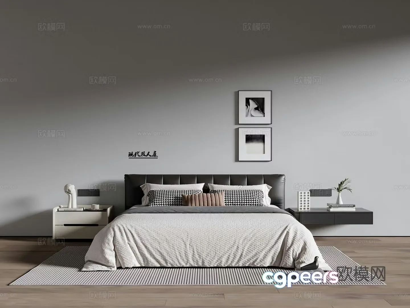 Modern Italian double bed leather double bed nightstand hanging painting carpet 3d model