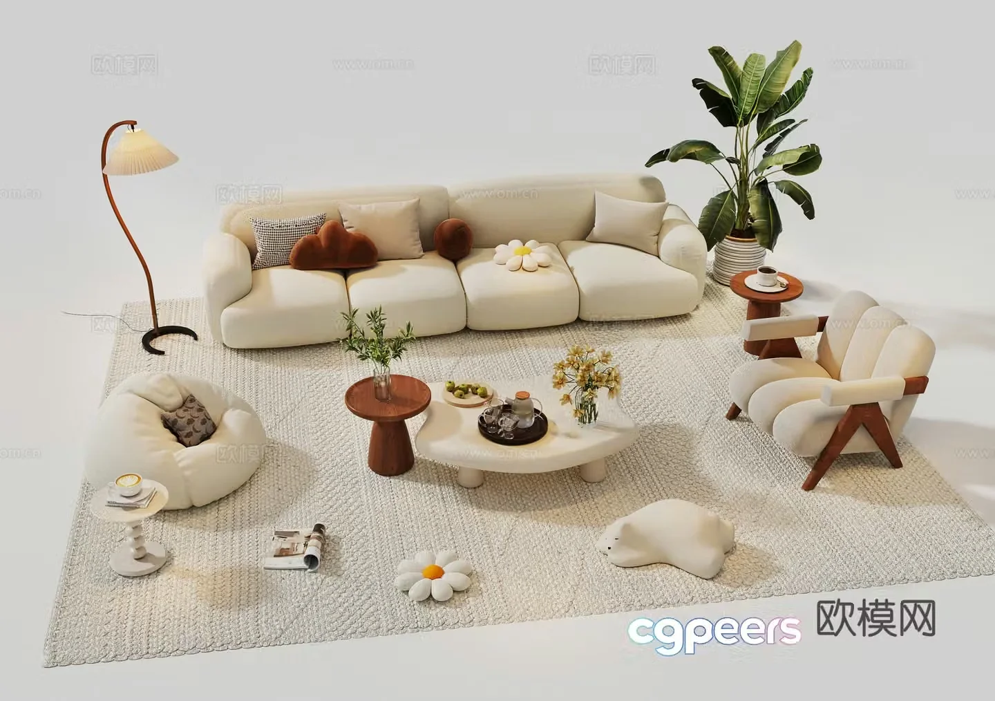 Modern cream sofa combination casual sofa sofa coffee table combination carpet floor lamp 3d model