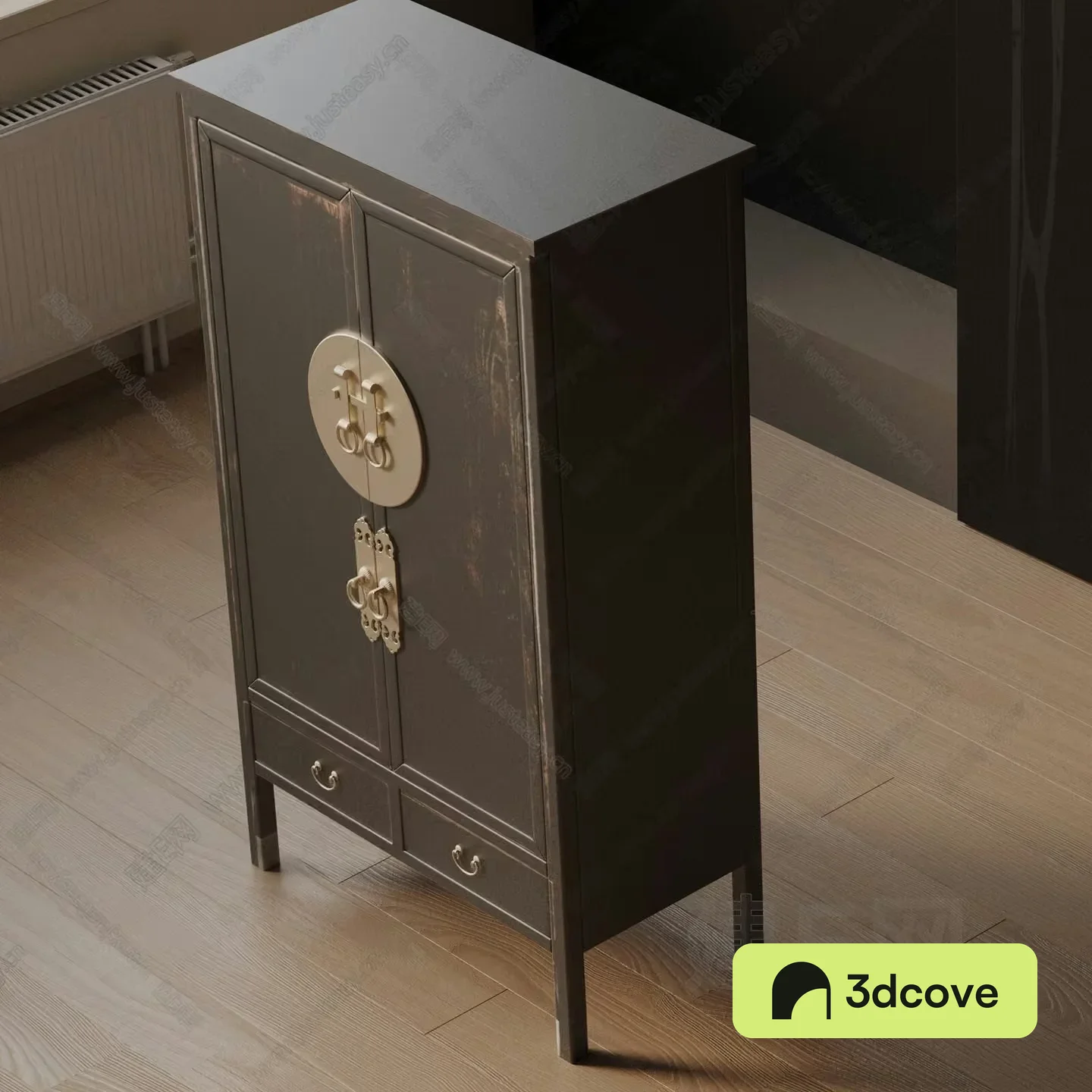 A Tall Dark Wooden Cabinet With Ornate Handles