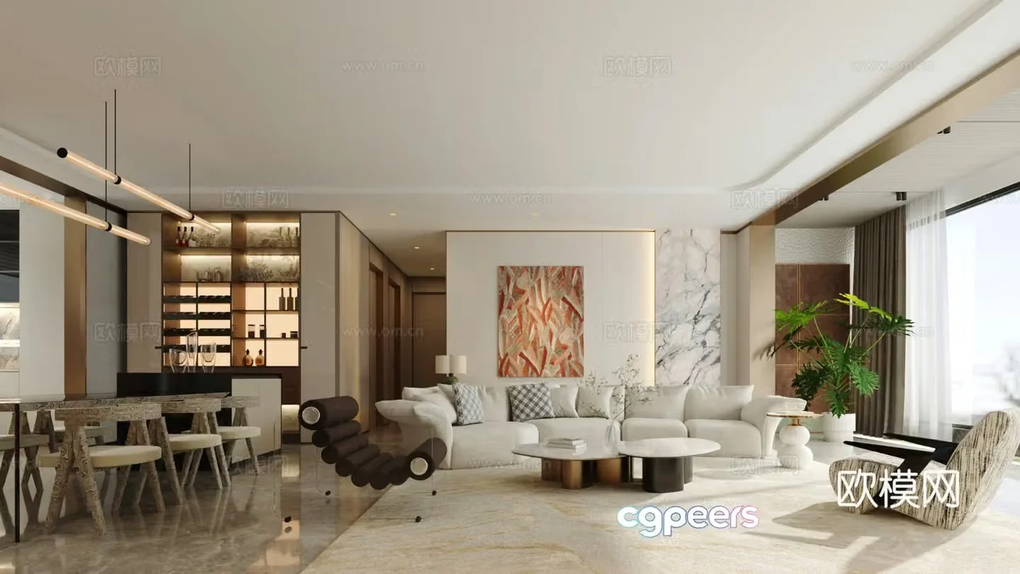 Modern light luxury living and dining integrated design Open dining room Large living room 3D model