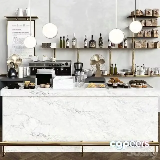 3ds Max Free – A modern cafe with a marble counter and desserts. Coffee house, cake