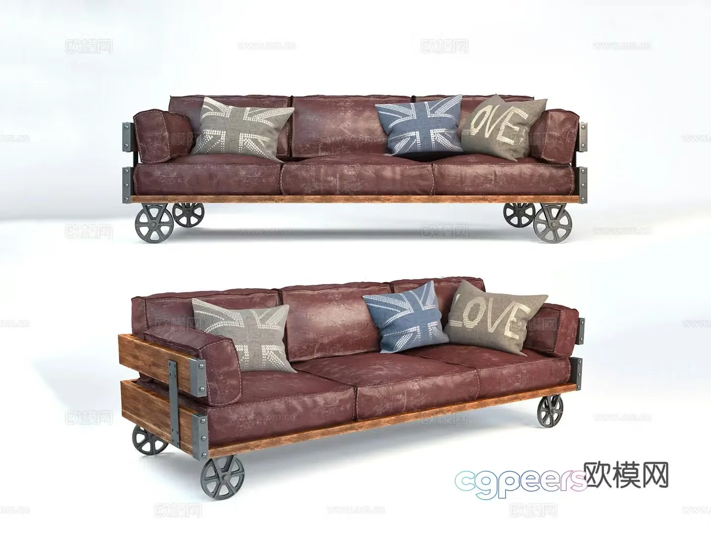 Industrial style three-seat sofa leather sofa 3d model
