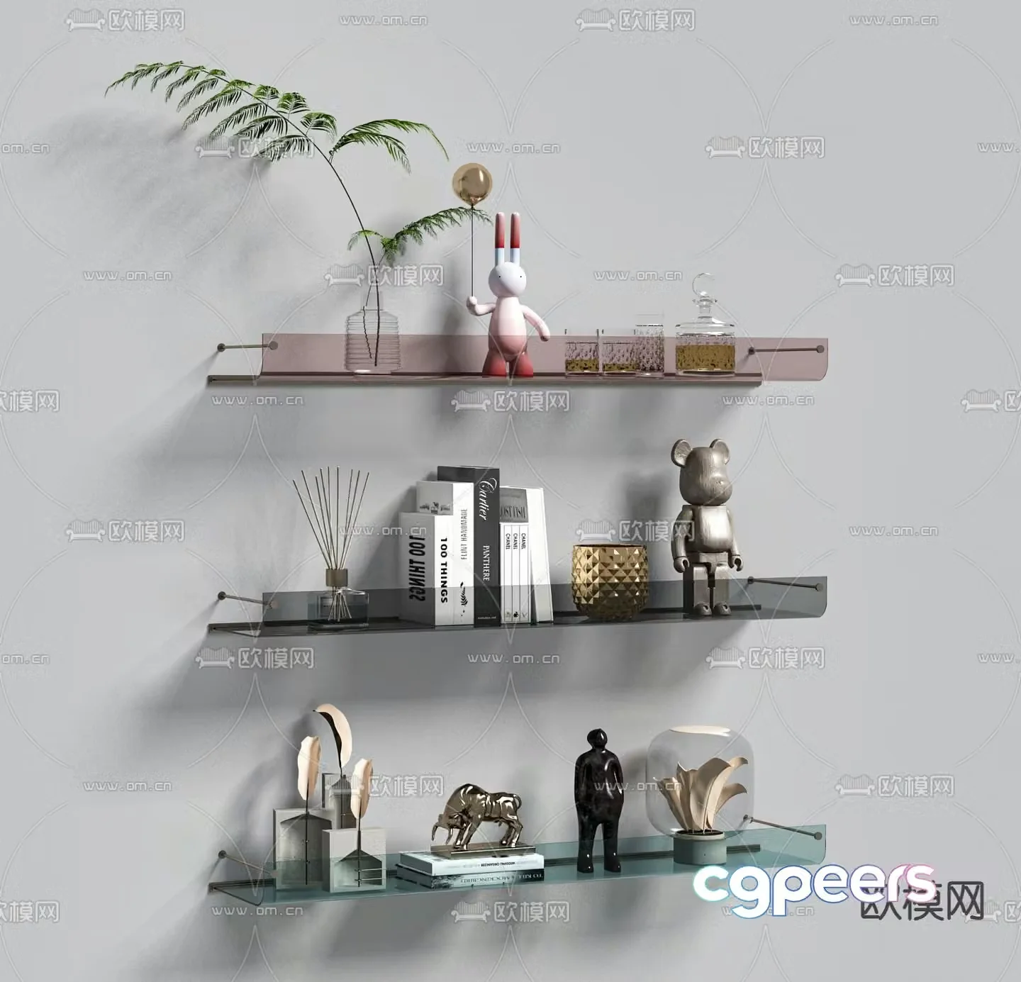 Glass hanging cabinet wall-mounted bookshelf storage rack 3D model