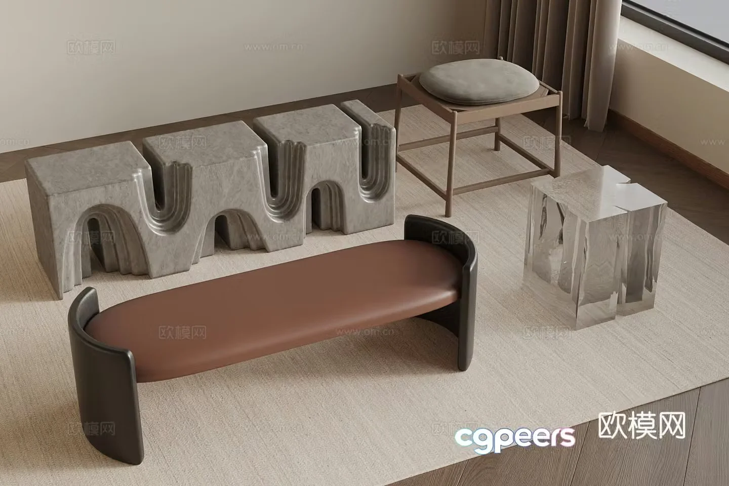 Modern shoe changing stool bench square stool low stool 3d model