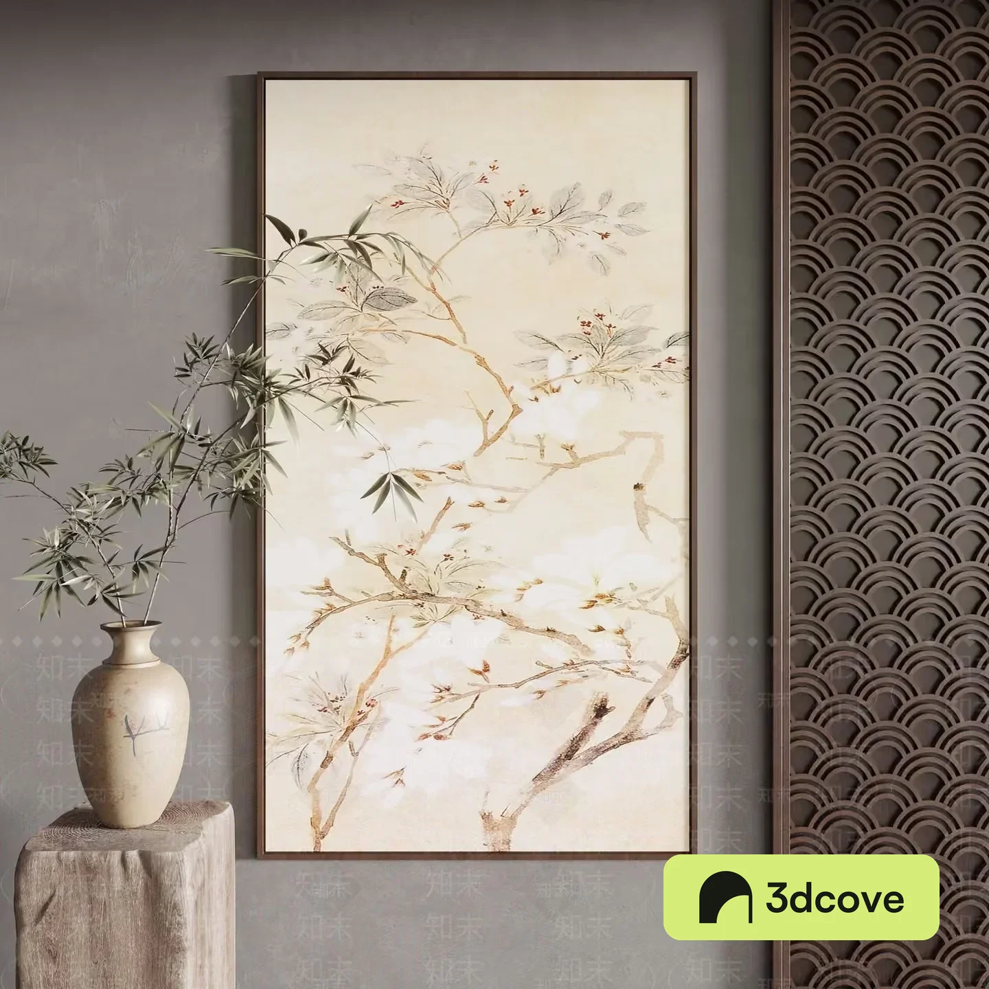 A Framed Painting Of A Tree With Birds