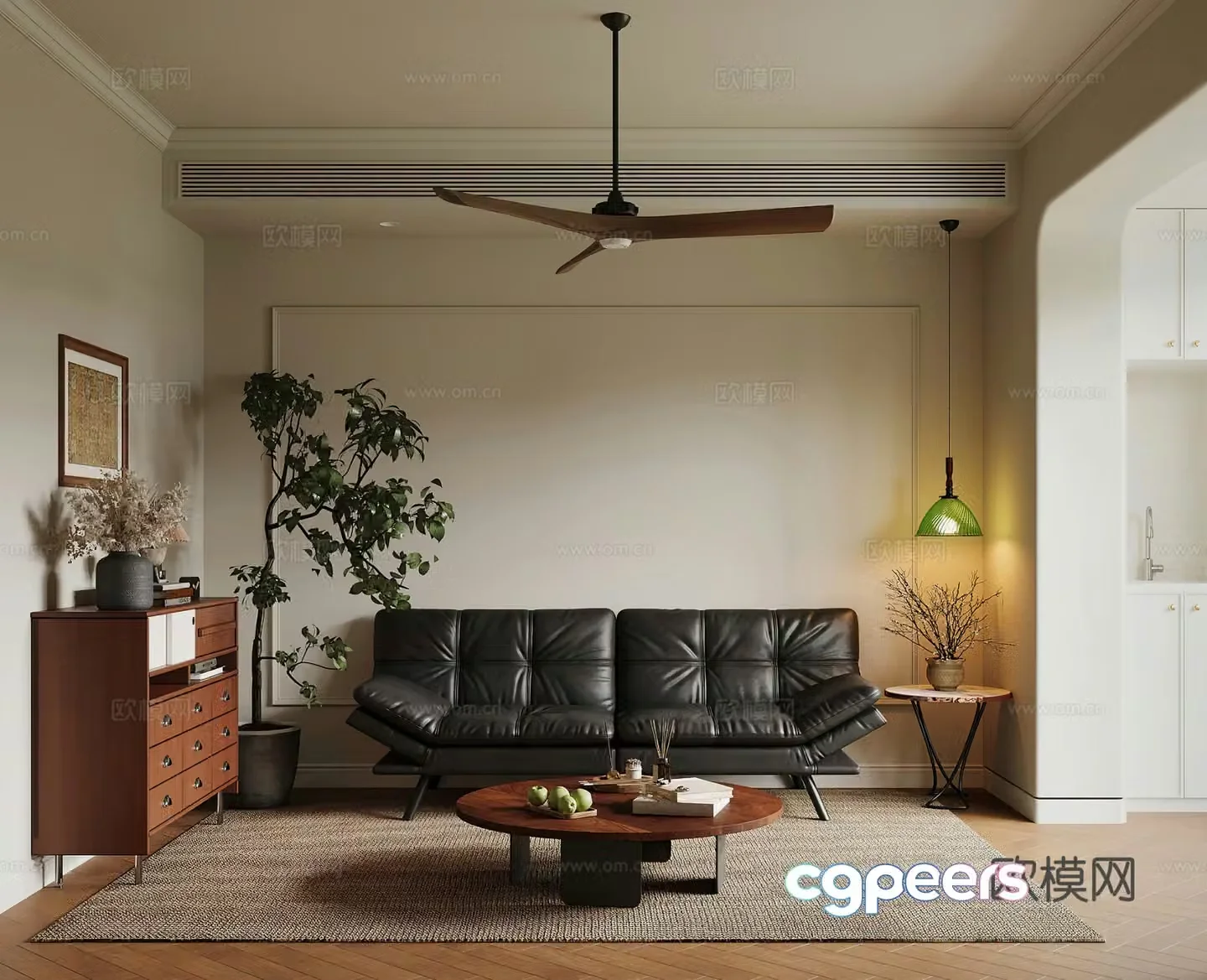 Middle style living room combination sofa entrance cabinet chest of drawers decorative cabinet fan light retro living room 3D model