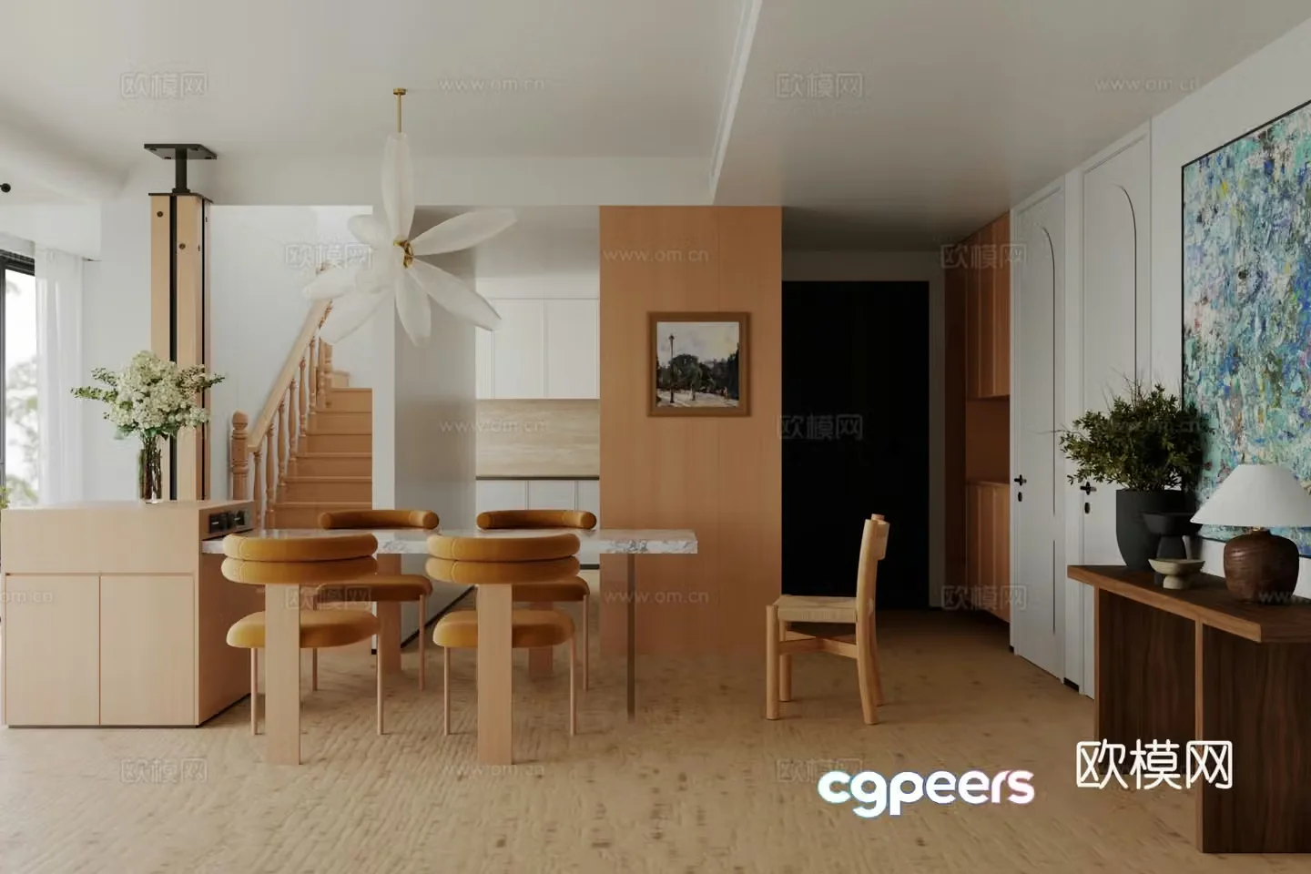 Log style home restaurant Log style island restaurant Island dining table and chairs Open restaurant Dining chair 3d model