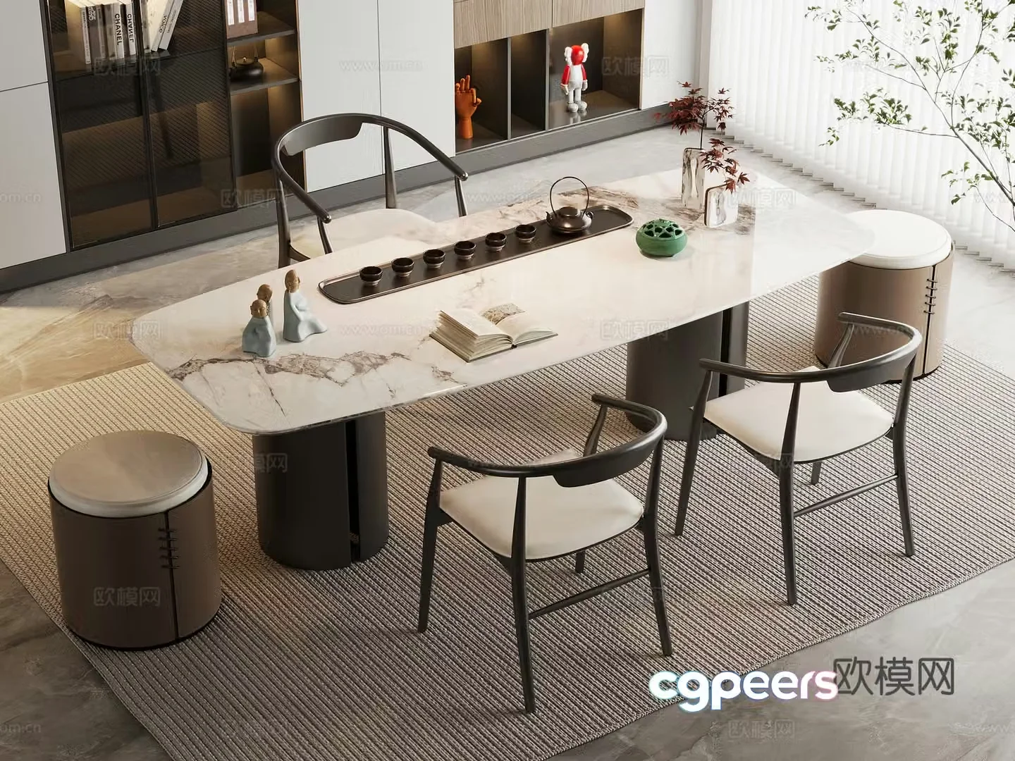 Modern tea table and chairs light luxury marble tea table and chair combination rock tea table and tea table sofa stool 3D model