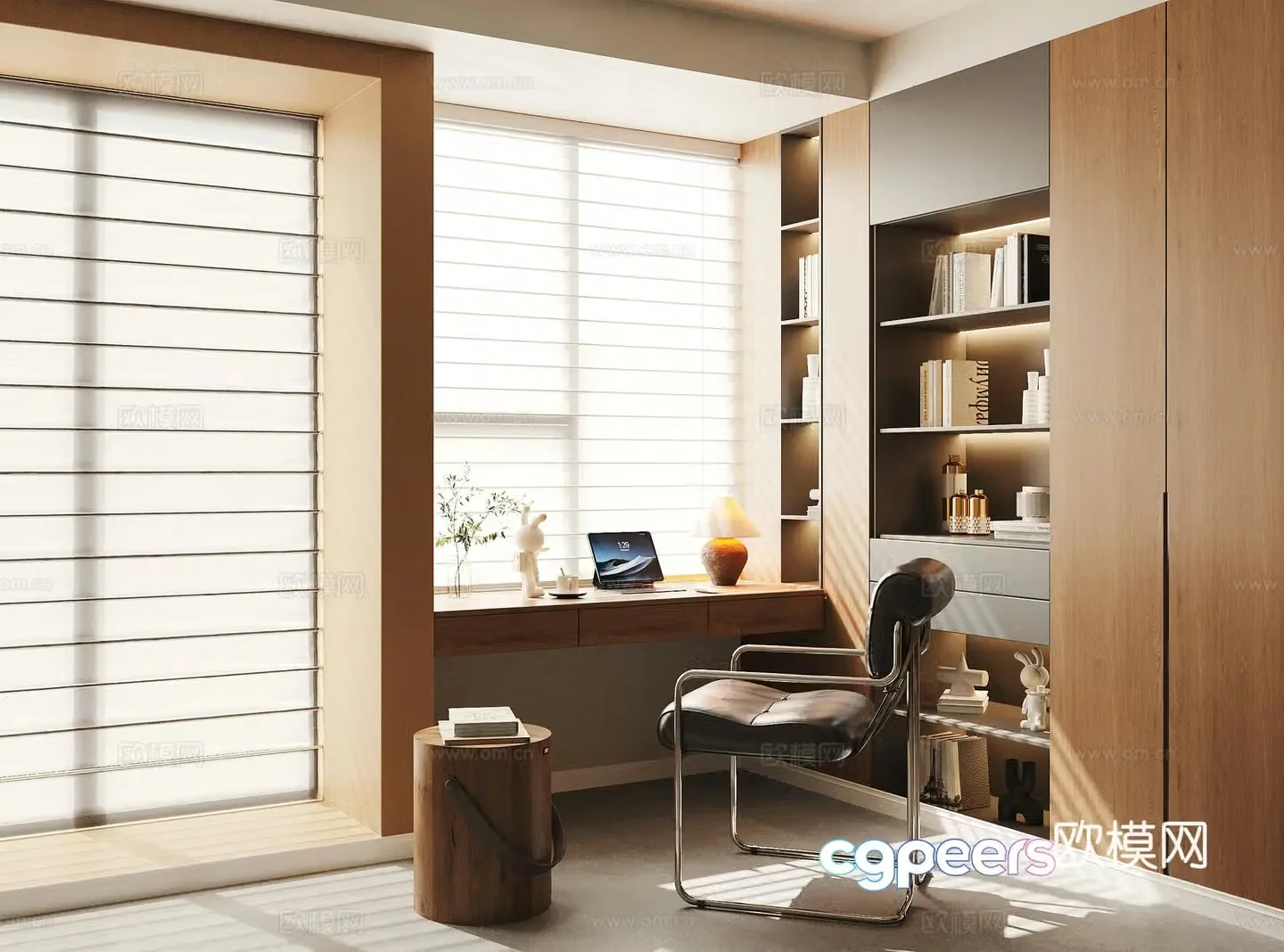 Modern medieval style bookcase study table integrated cabinet solid wood desk chair whole wall adult book 3D model