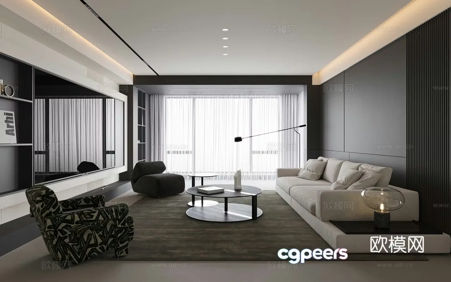 Modern black white and gray living room 3d model