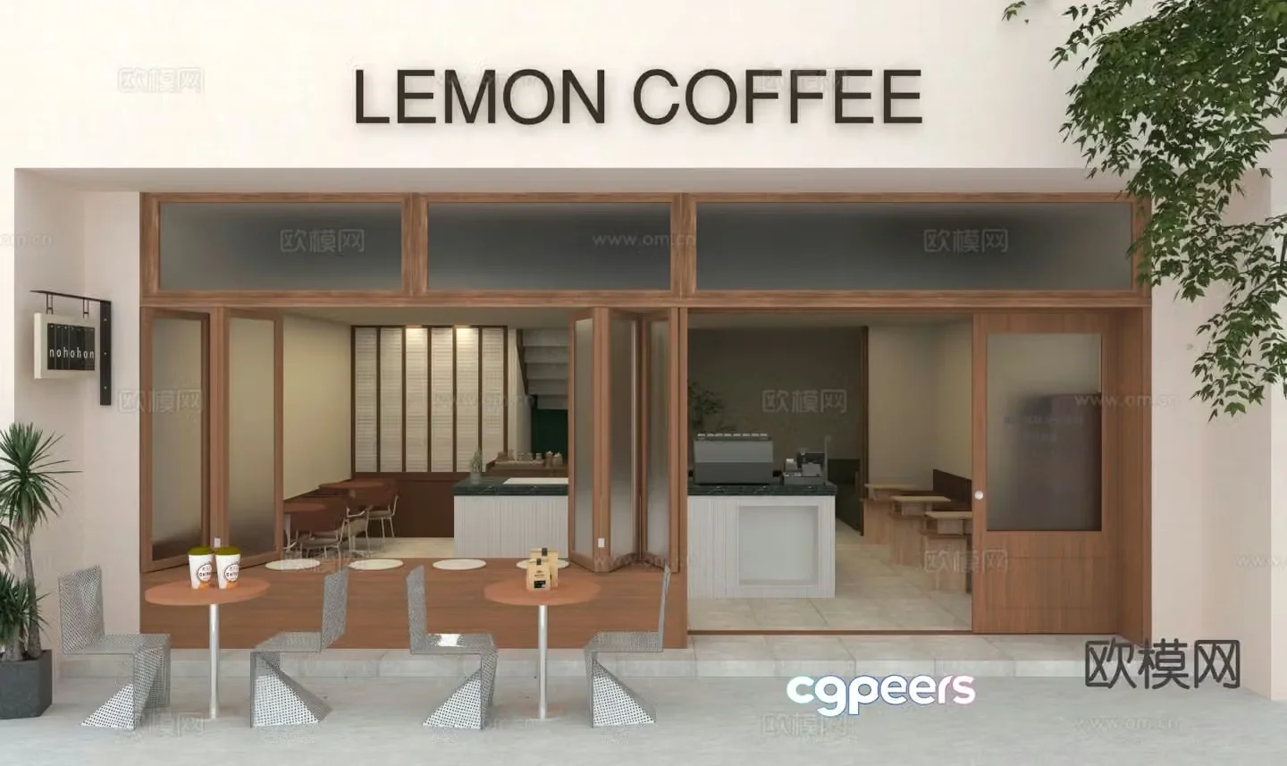 Wabi-sabi cafe front facade 3D model