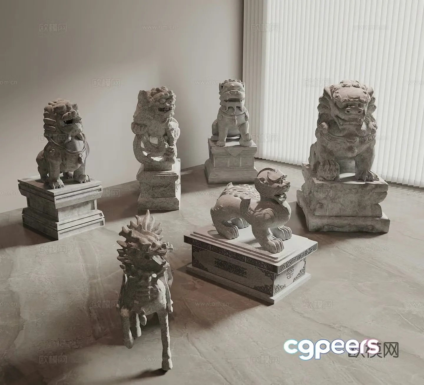 New Chinese-style stone lion divine beast stone statue unicorn pixiu divine beast sculpture sketch stone carving door pier 3D model