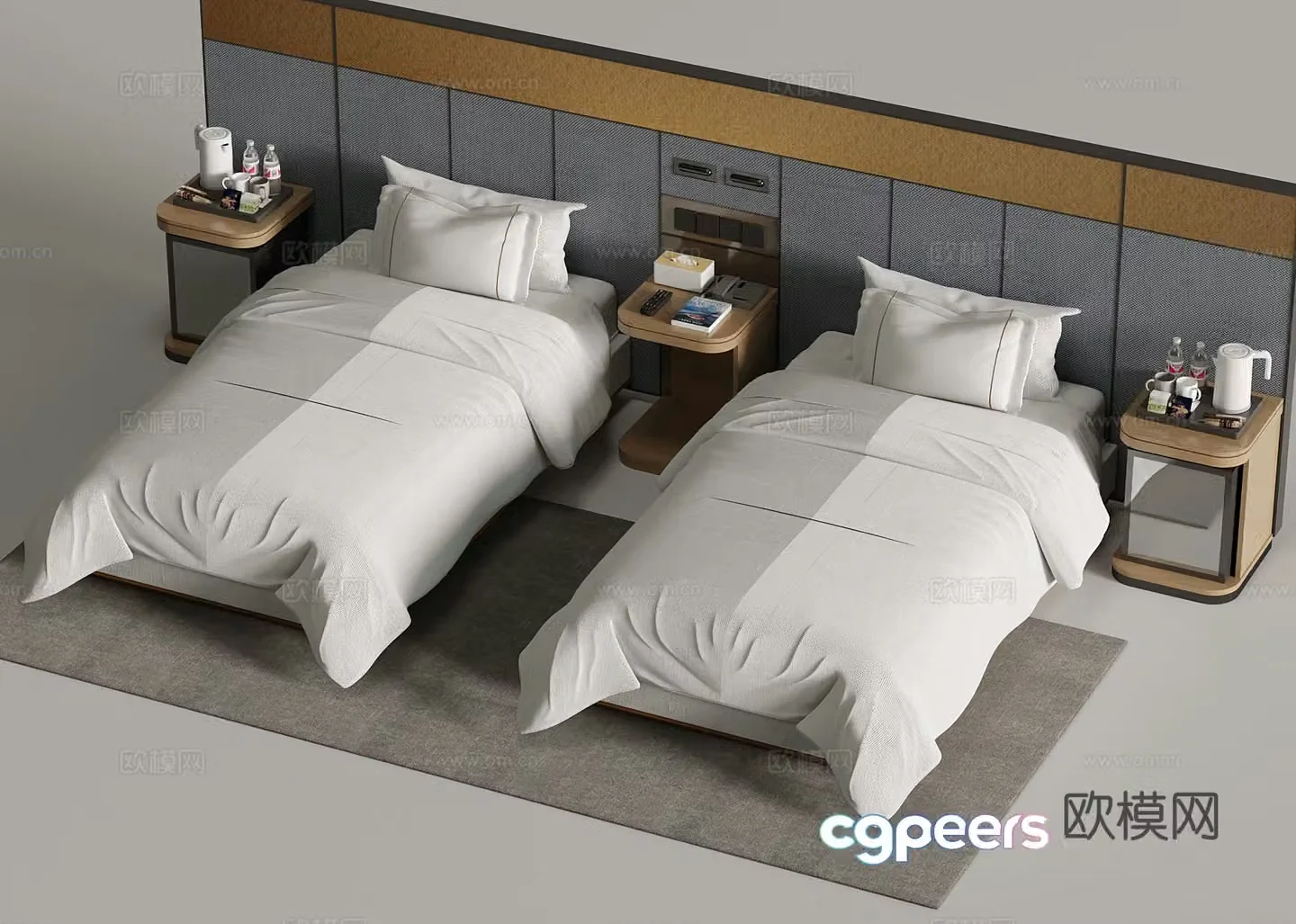 Bed Modern Single Bed Hotel Solid Wood Single Bed Solid Wood Bedside Table 3D Model