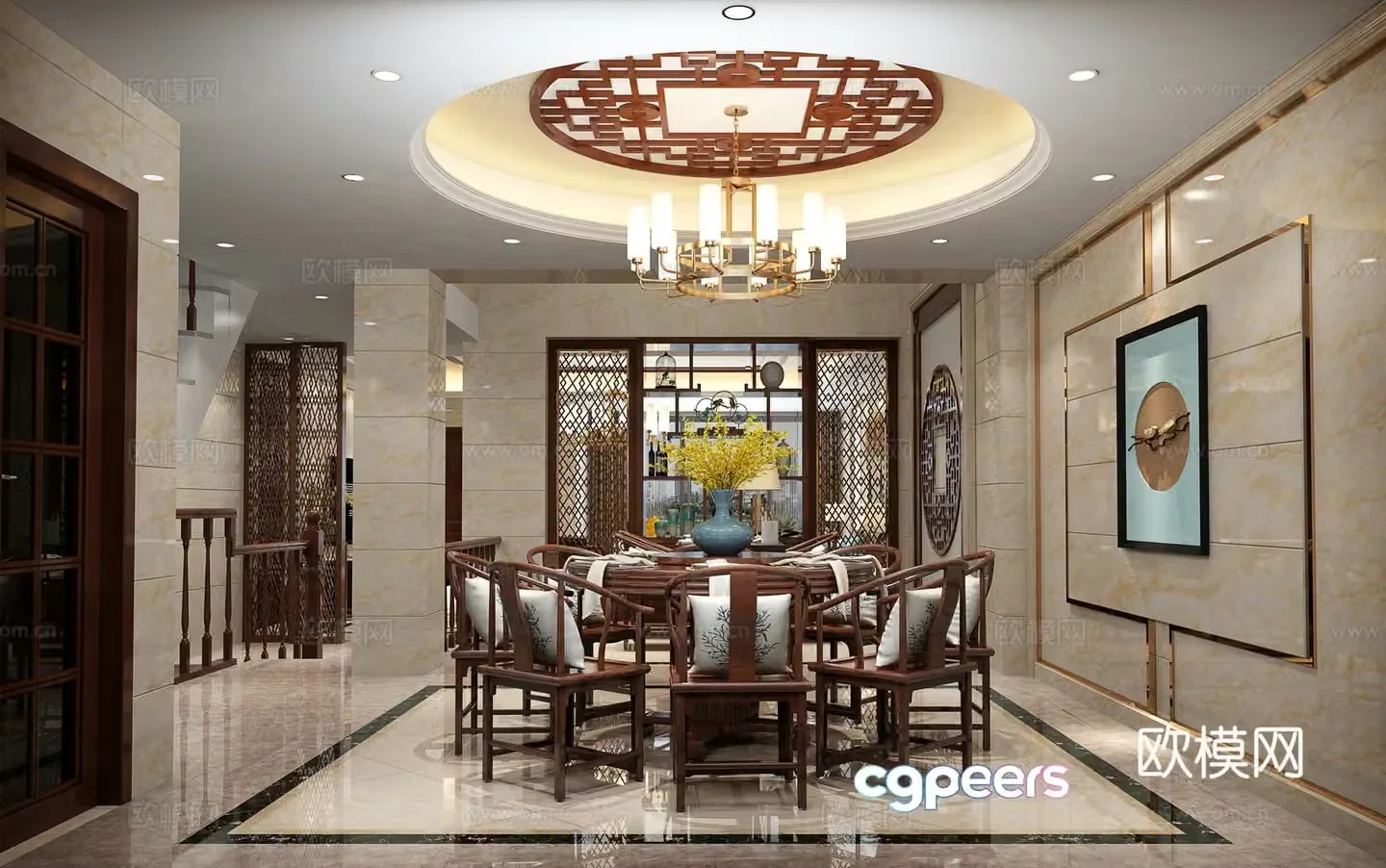 Traditional Chinese style living and dining room chandeliers wine cabinet stairs wall lamp 3D model download 3D model
