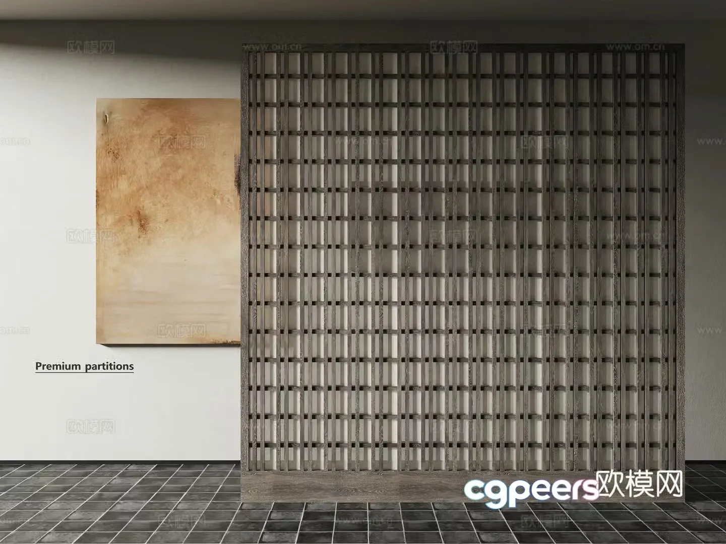 Modern wooden grille screen partition Translucent rice paper Drawing 3D model