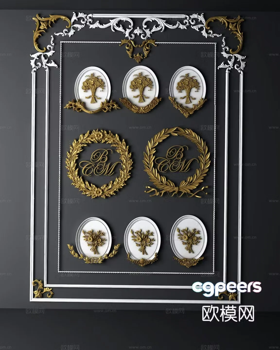 Simple European European style wall decoration gold foil carving component garland combination 3D model