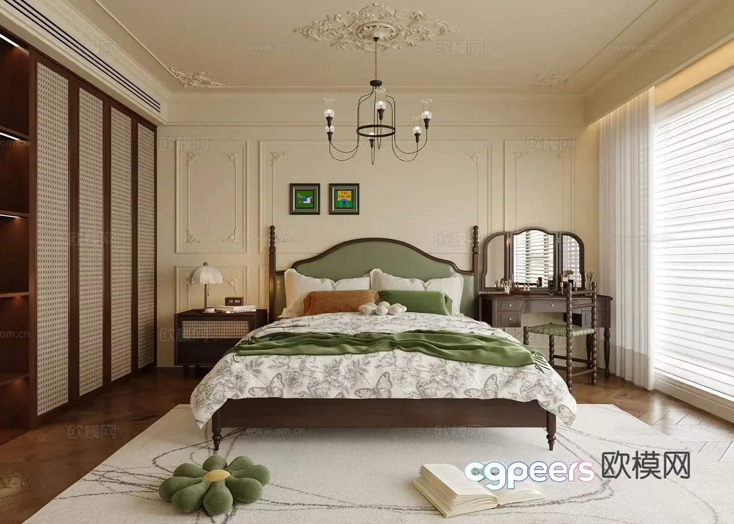 French bedroom double bed dressing table bedside table bedroom chandeliers 3d model