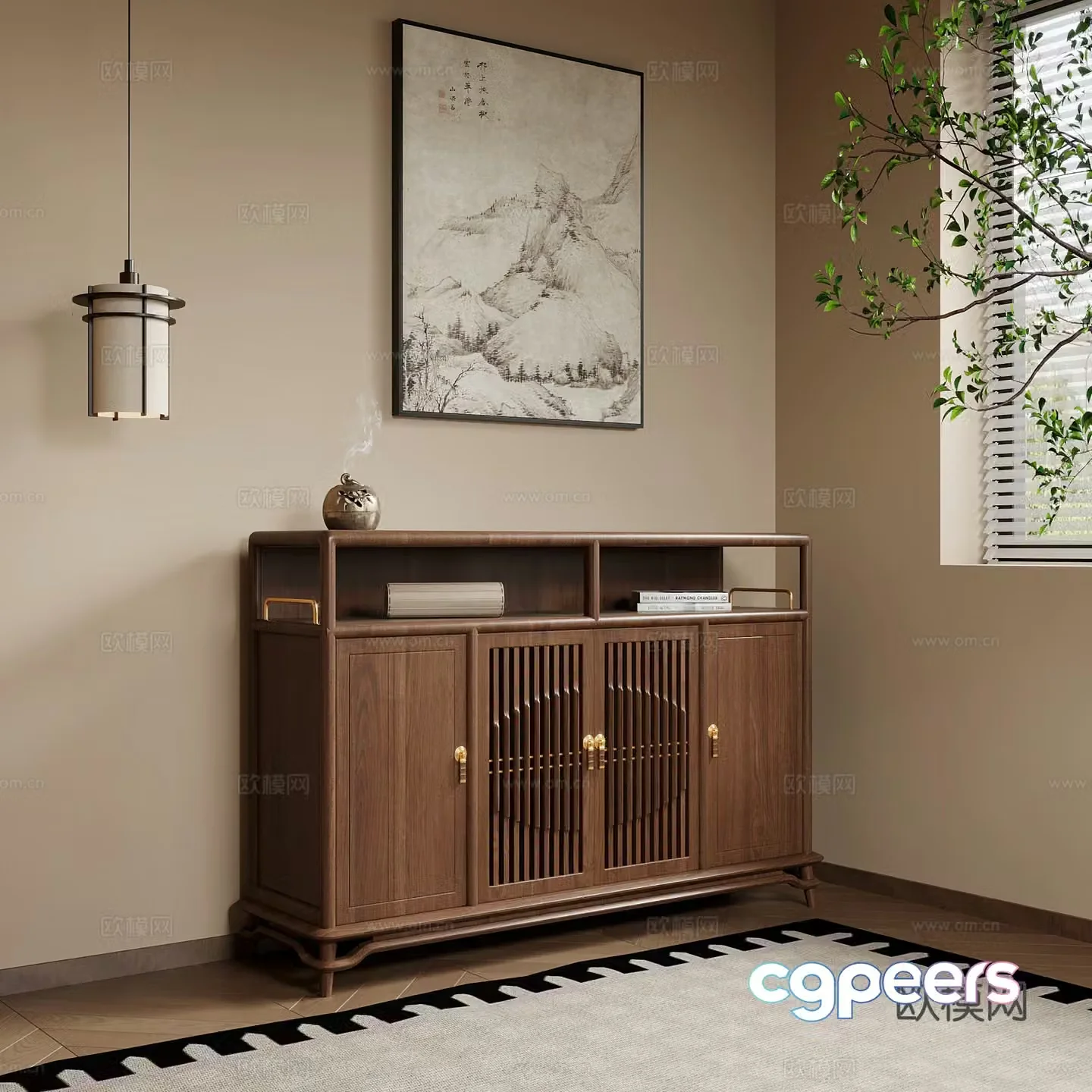 Porch cabinet New Chinese style porch cabinet Side cabinet Decorative painting Chandelier 3D model