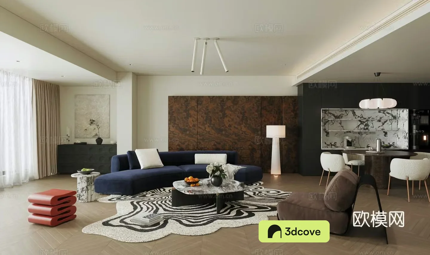 Waviva retro home living room horizontal hall large flat living room black and white living room without owner lights