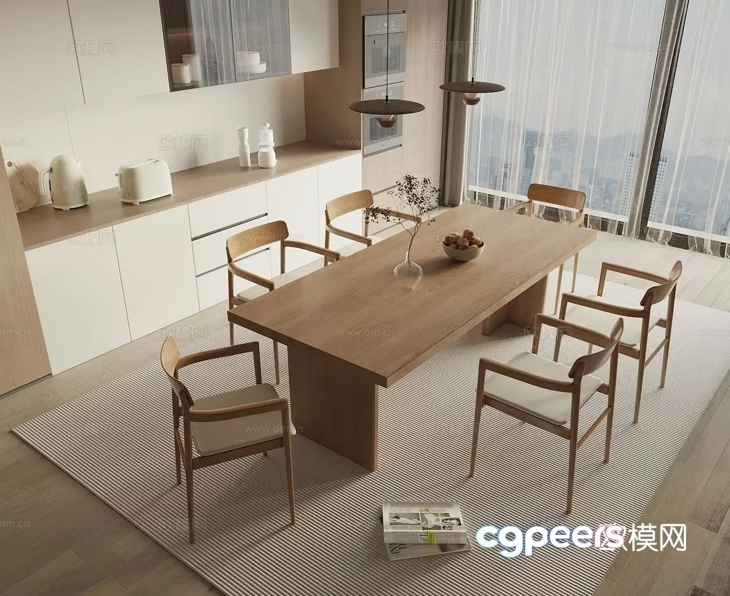 Log style dining table and chairs wooden table 3d model