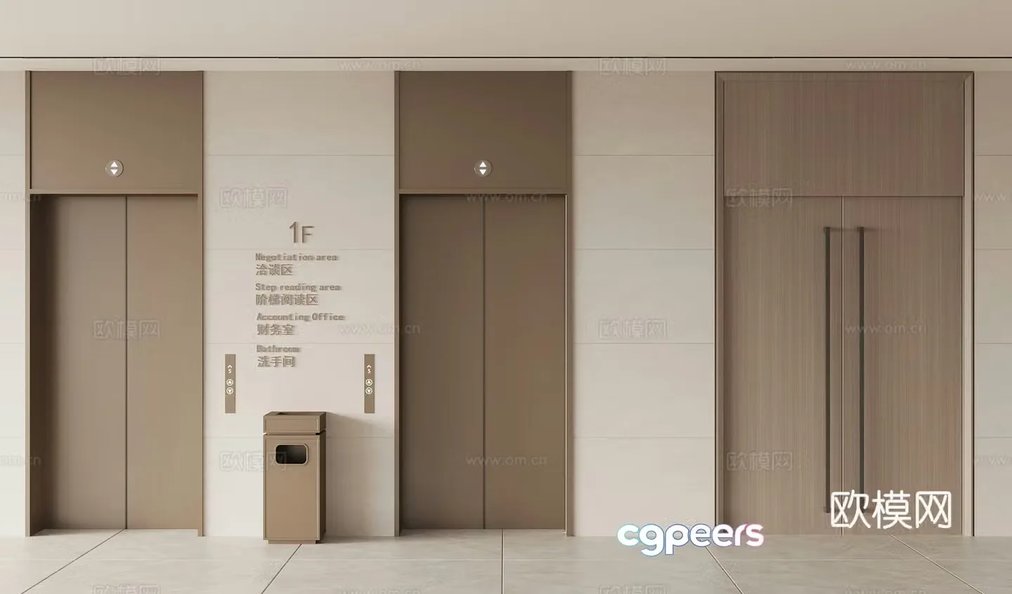Modern elevator hall double door fire escape door 3d model