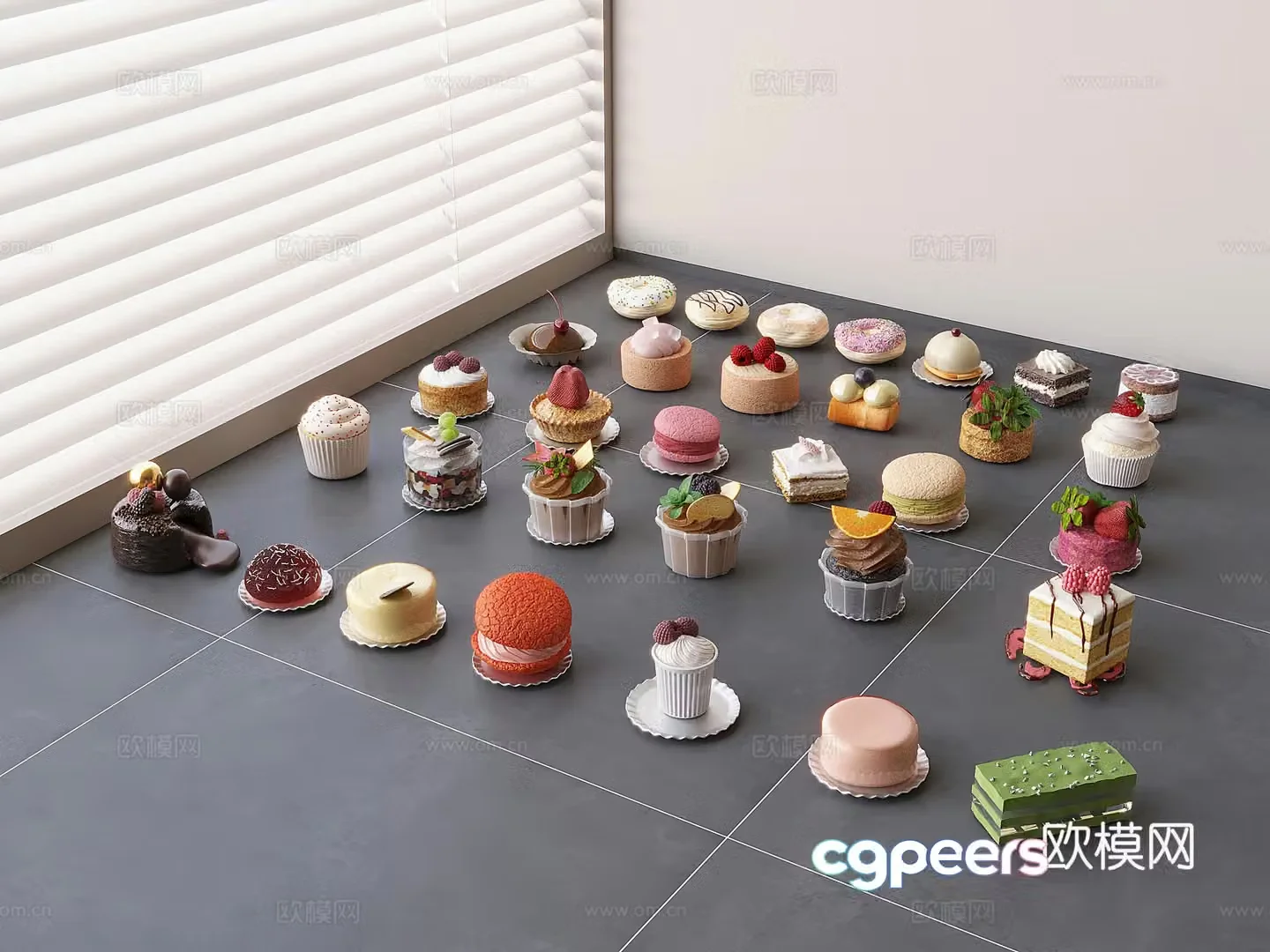 Sweet Cake Glose Strawberry Matcha Chocolate Cream Bread Cake Food 3D Model