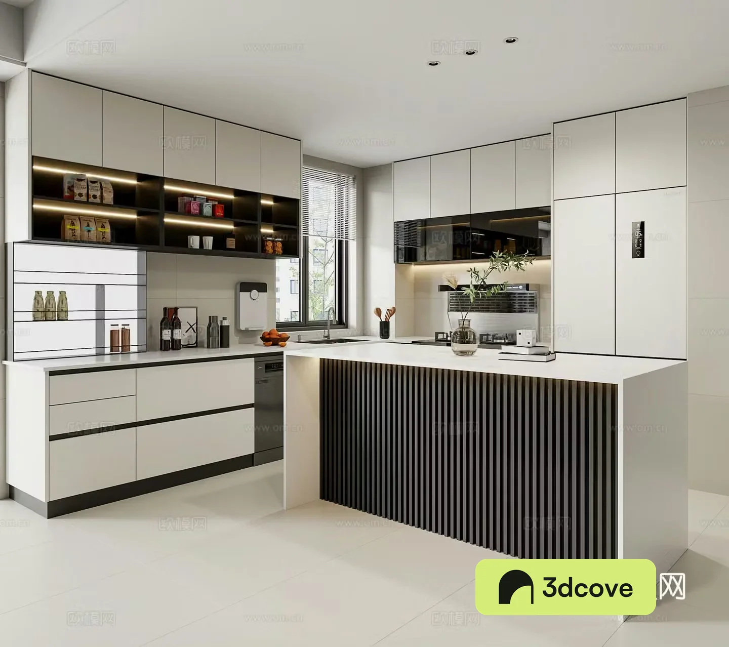 Modern minimalist open kitchen island bar corner cabinet refrigerator cabinet integrated