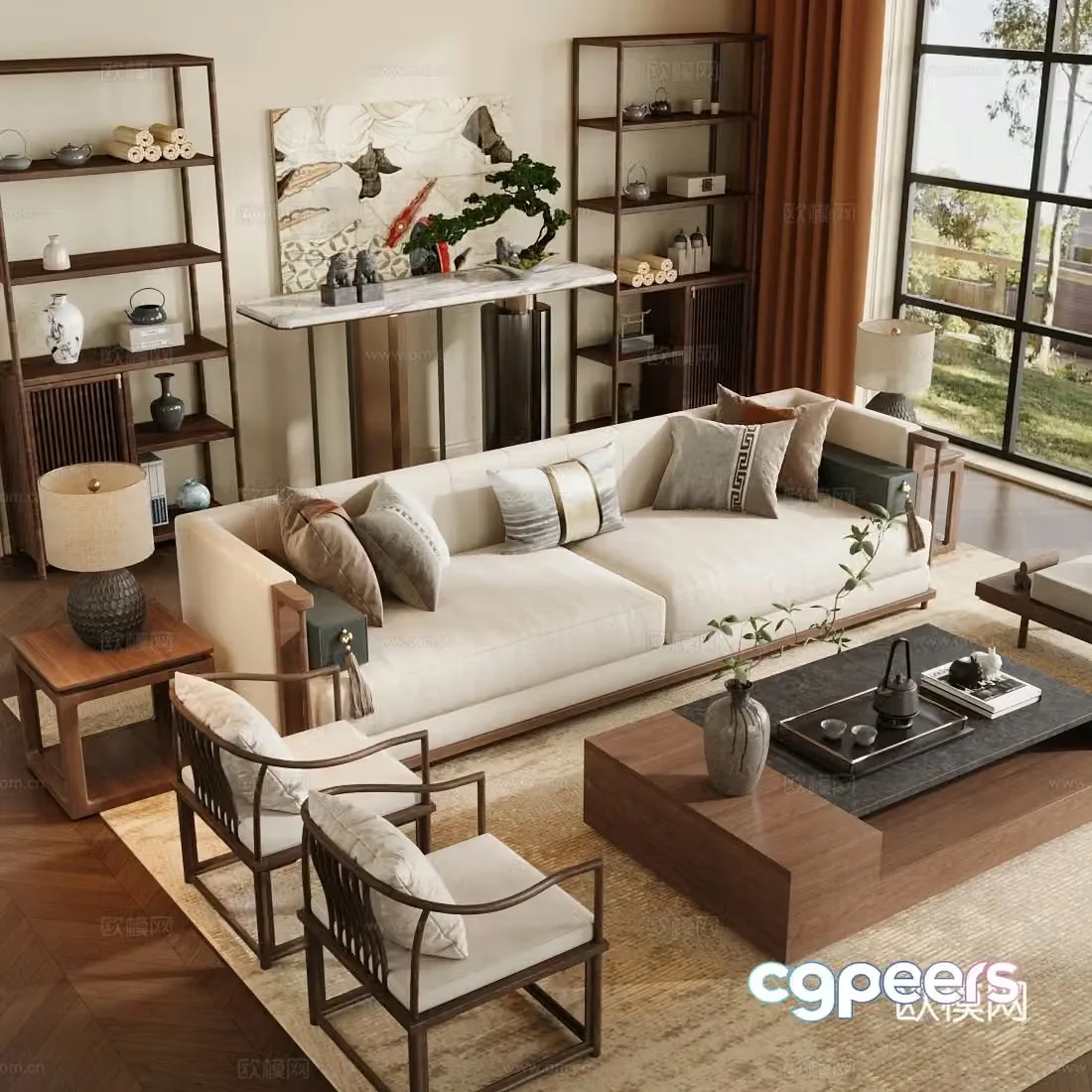 New Chinese living room small living room horizontal living room sofa and coffee table combination 3D model