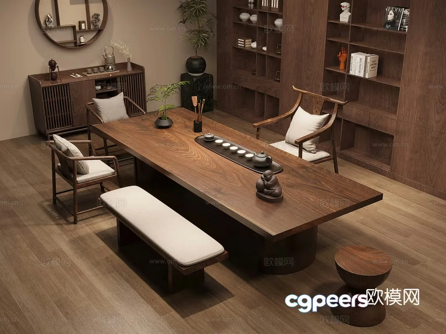 New Chinese-style solid wood tea table and chair combination large board table tea table solid wood storage cabinet tea cabinet 3D model