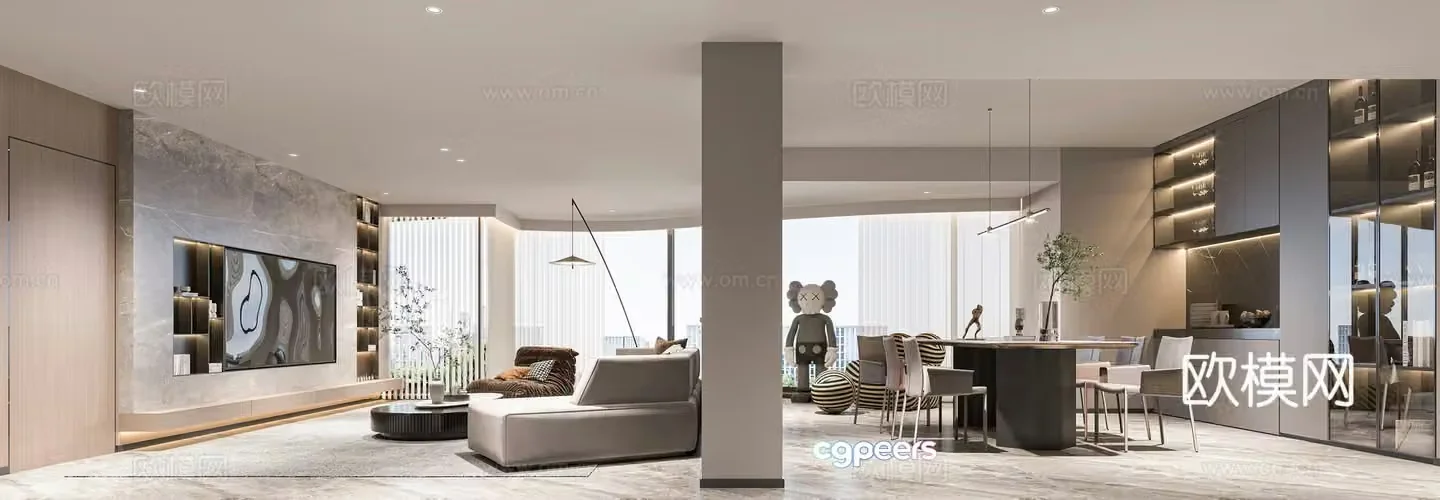 Modern living and dining room 3d model
