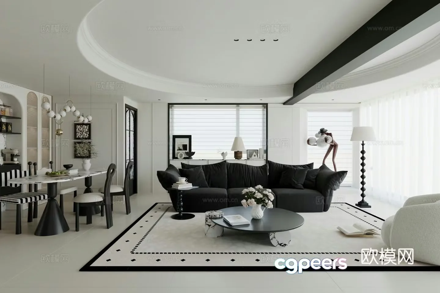 Modern light French large flat dining room without owner light dome medieval style chest of drawers 3D model