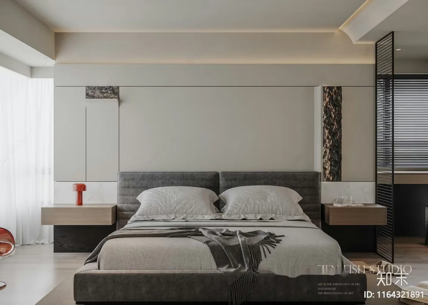 The Main Subject Is A Modern Bedroom With A Gray Bed And Nightstands 3D Model – 3494 – VRAY Render
