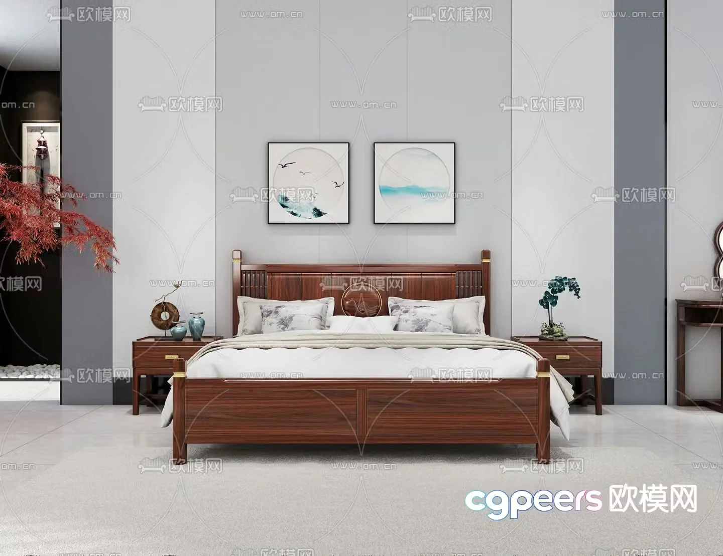 Chinese double bed ebony wood bed 3d model