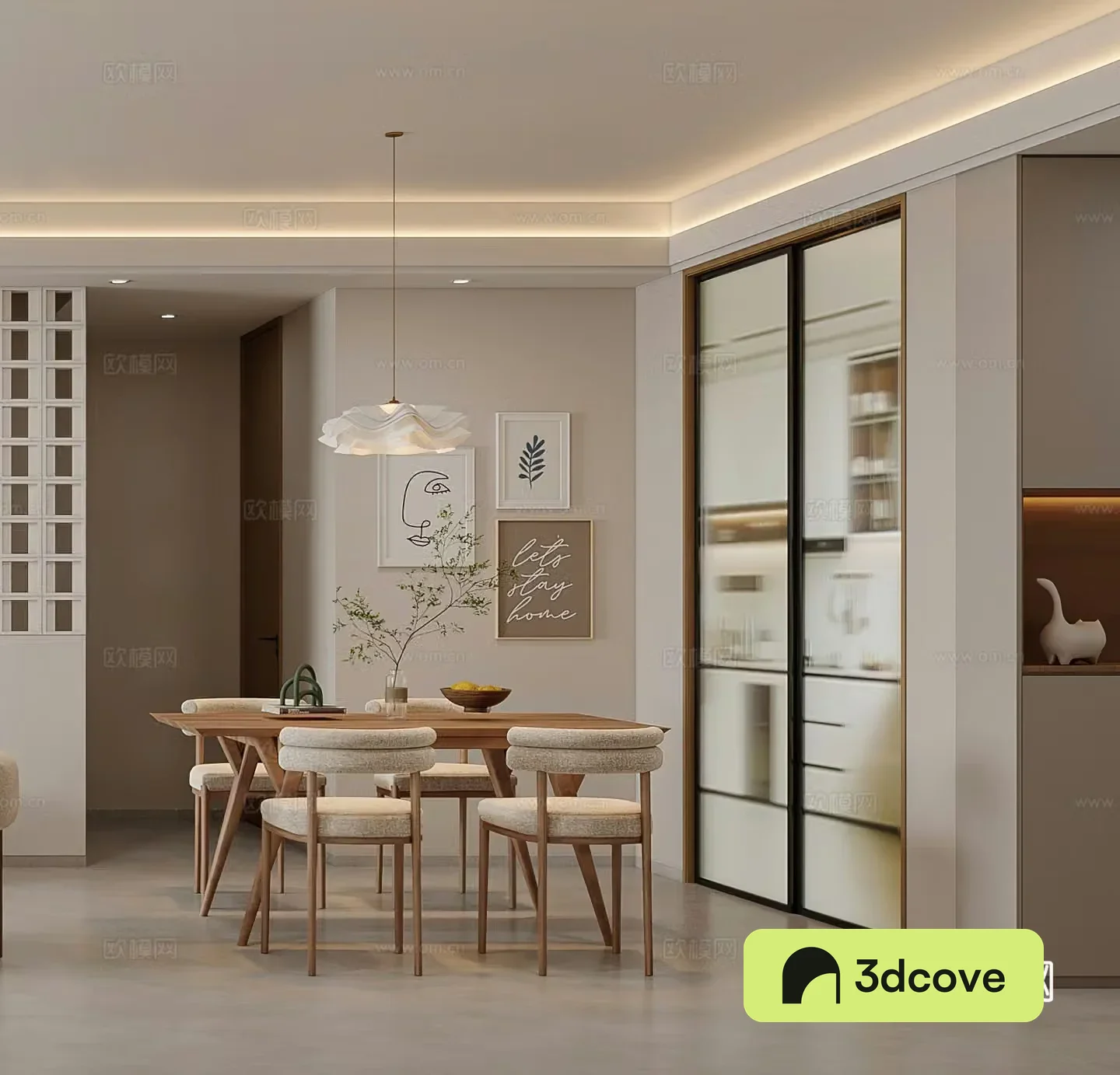 Wabi Sai Restaurant Dining Table Middle Style Restaurant Retro Restaurant Chandelier Simple Log Style 3D Model
