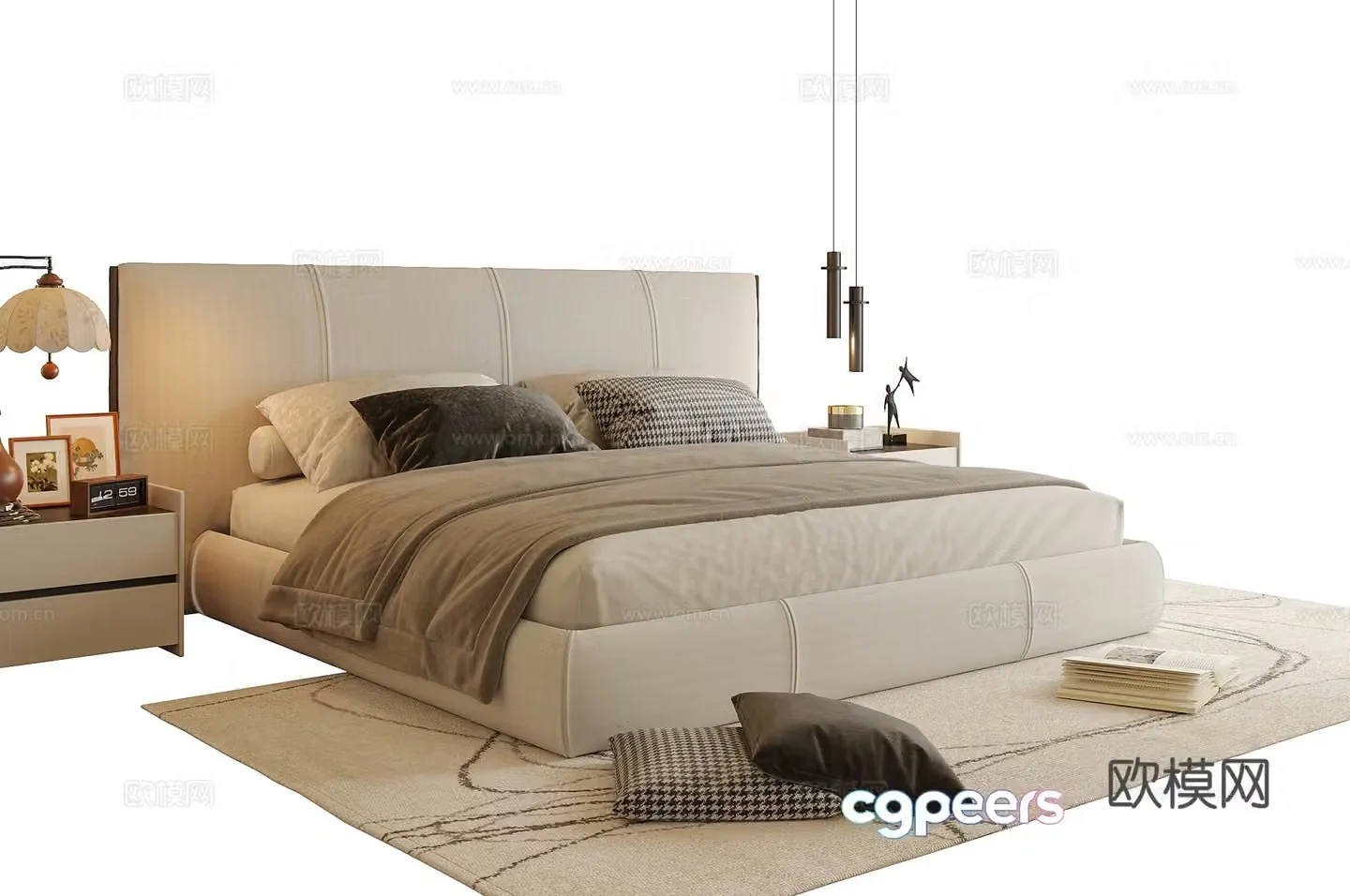 Modern double bed bedside table bedside chandeliers 3d model