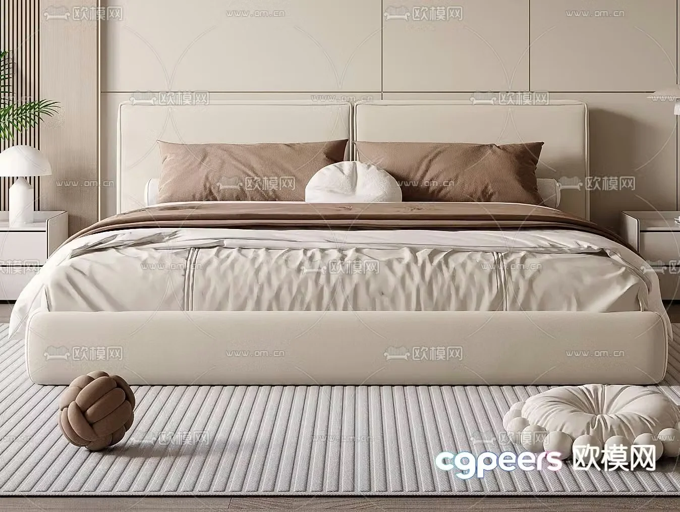 Cream style double bed 3d model