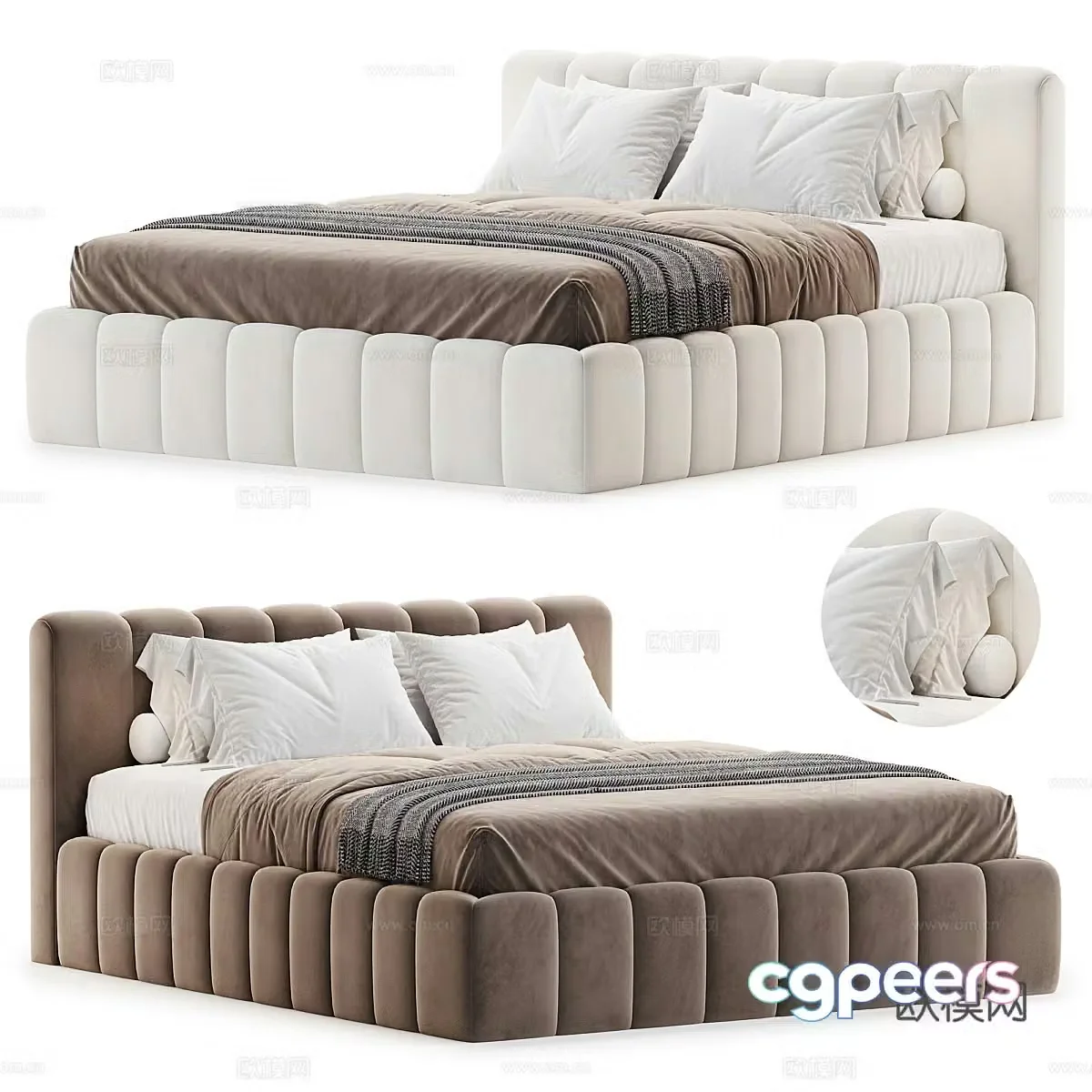 Modern Cream Style Tacoma Fabric Double Bed 3D Model