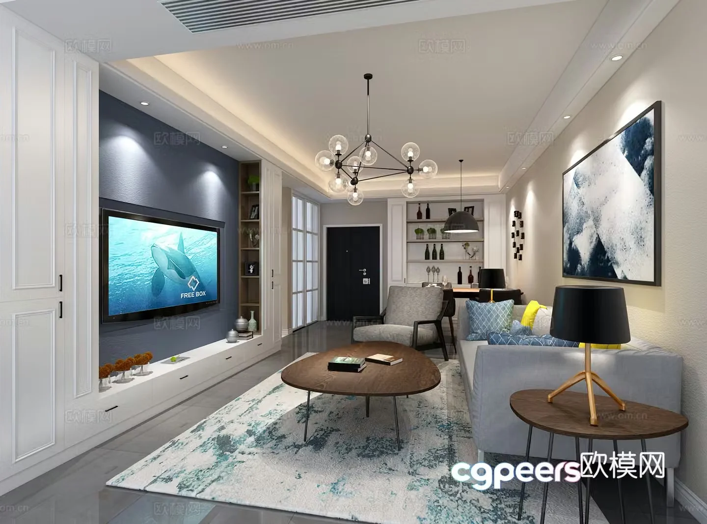 Modern living room dining table chair sofa coffee table chandelier desktop ornament hanging painting 3D model